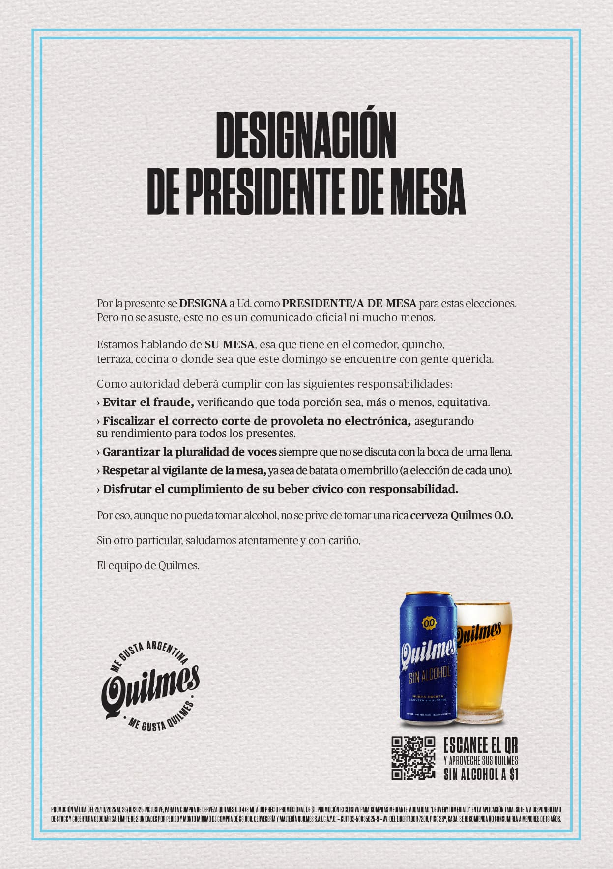 Quilmes presenta promoción de su cerveza Sin Alcohol a $1 durante la veda electoral en CABA y GBA