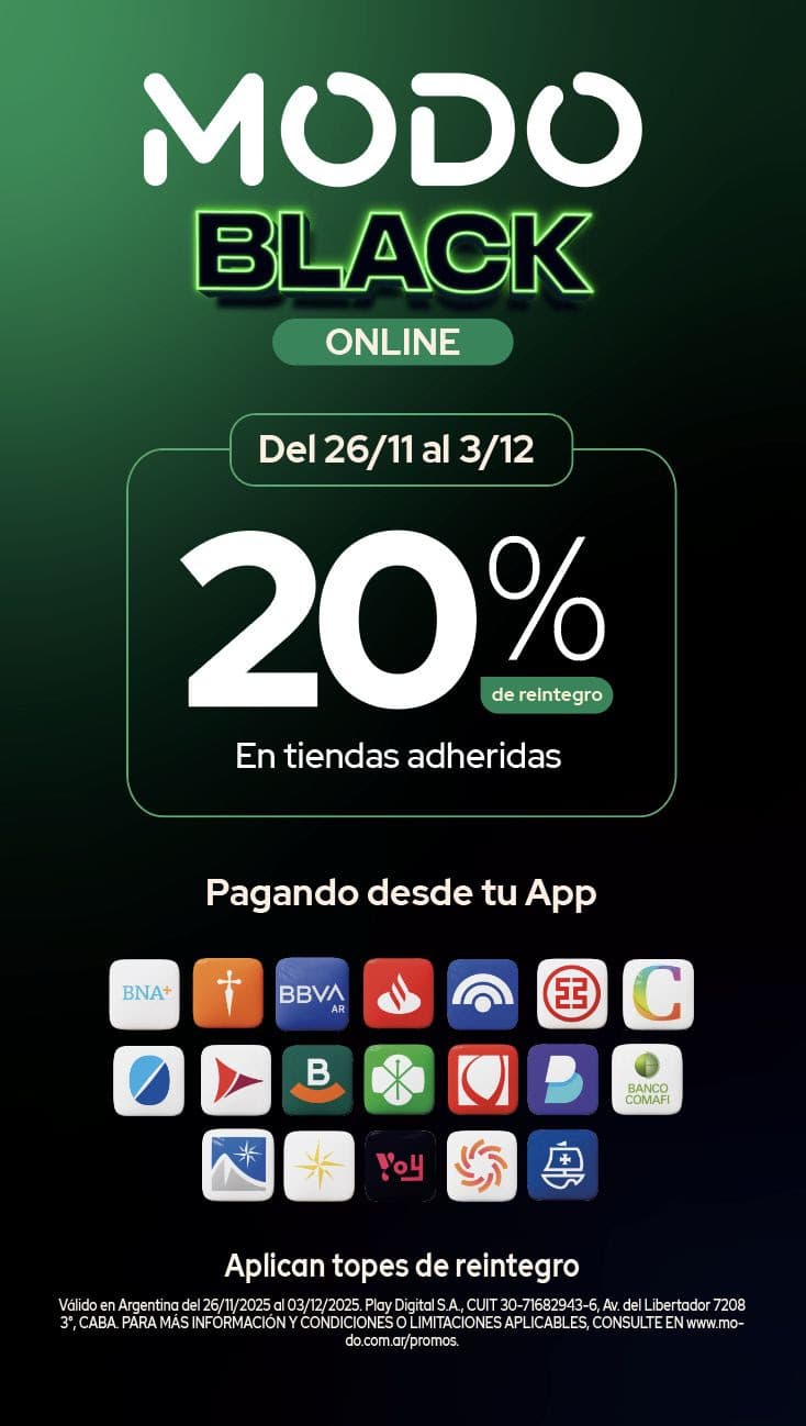 MODO BLACK ofrece reintegros del 20% en compras online durante una semana en Argentina