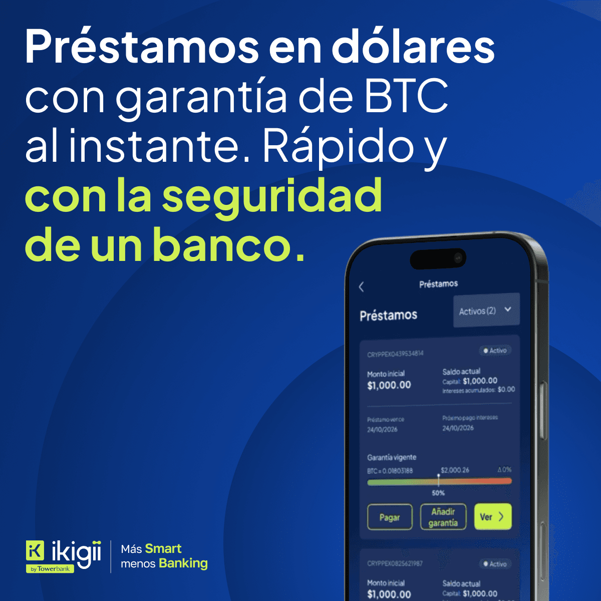 Ikigii suma préstamos en dólares con garantía en Bitcoin y tasa fija anual