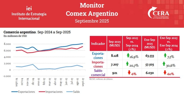 Exportaciones argentinas alcanzan pico de US$ 8.128 millones y sostienen saldo comercial positivo